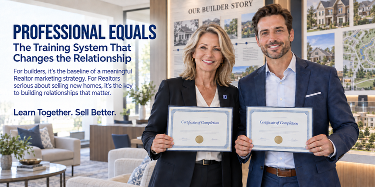 Professional Equals. The Training System That Changes the Relationship. For builders, it is the baseline of a meaningful Realtor marketing strategy. For Realtors serious about selling new homes, it is the key to building relationships that matter. Learn Together. Sell Better.