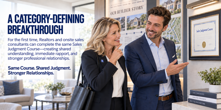 A Category-Defining Breakthrough. For the first time, Realtors and onsite sales consultants can complete the same Sales Judgment Course, creating shared understanding, immediate rapport, and stronger professional relationships. Same Course. Shared Judgment. Stronger Relationships.